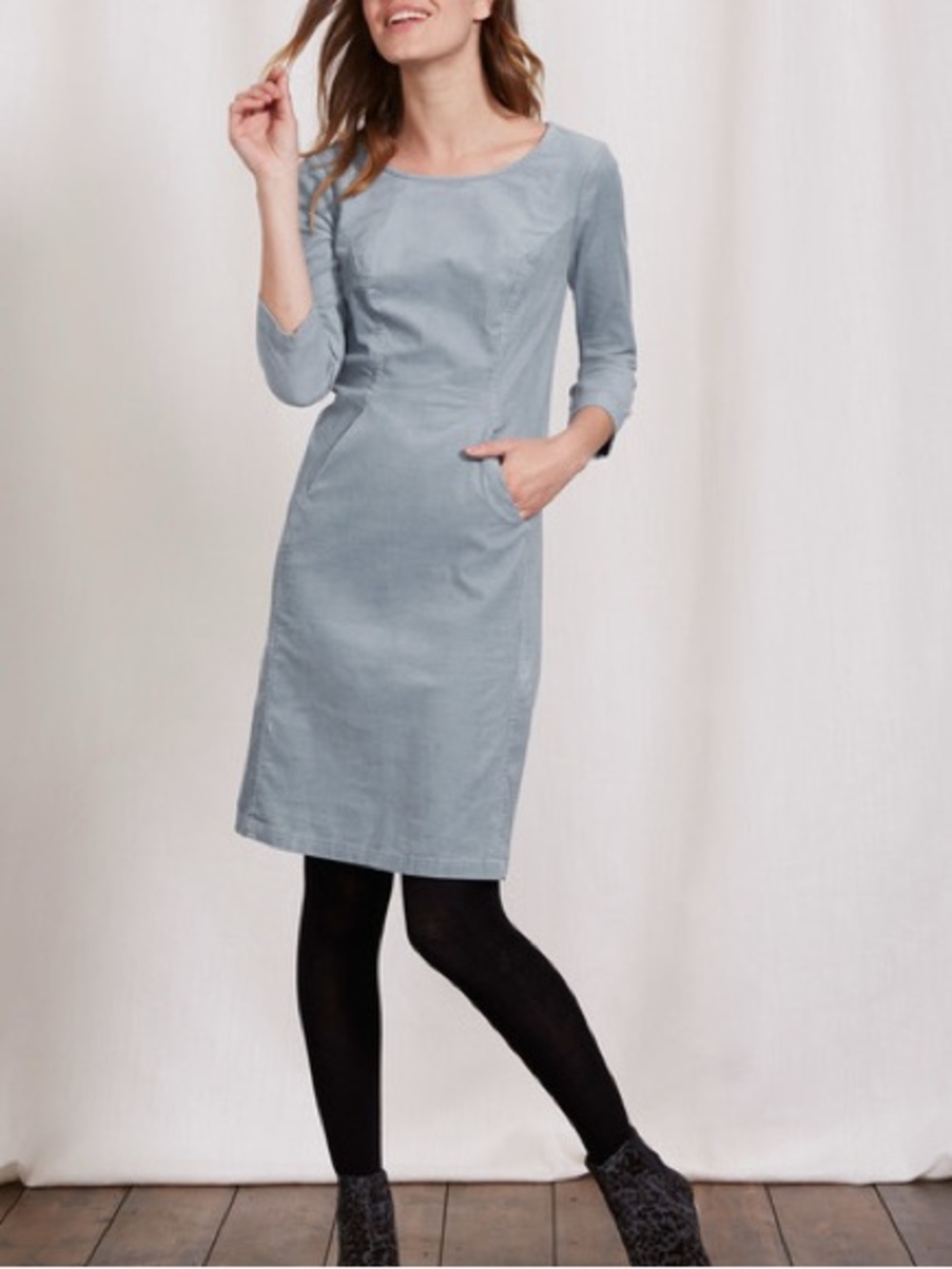 Boden | Hannah Seam Detail Dress Pale Blue Corduroy with Boat Neckline Size 10R